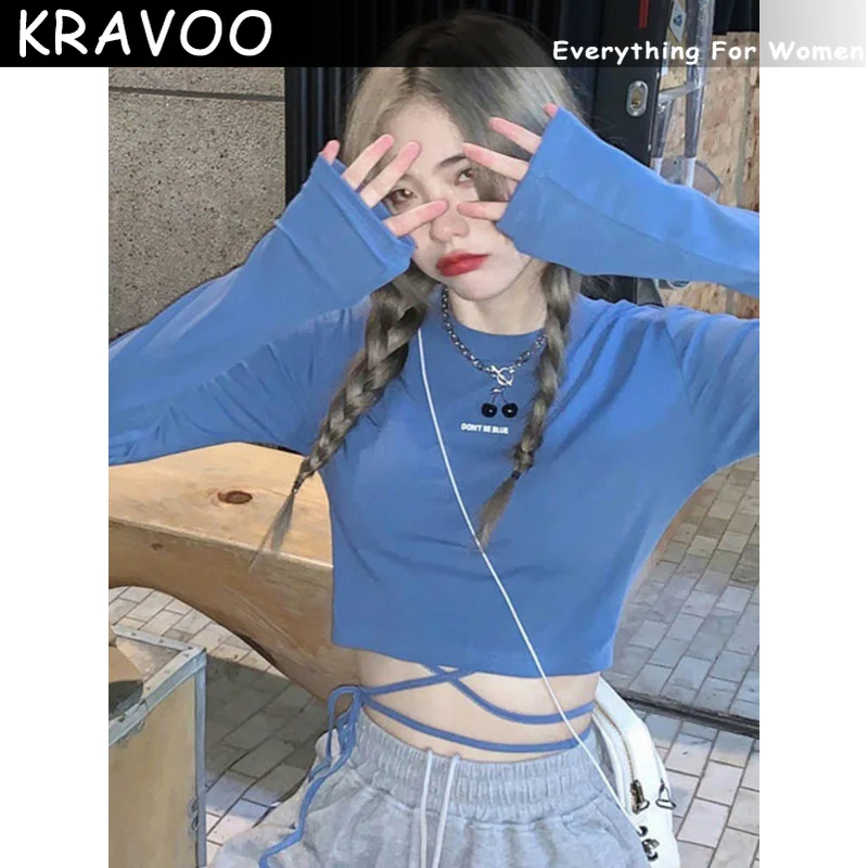 

KRAVOO, футболки с длинным рукавом, женский дизайн, пикантные кроп-топы, распространенные бандажные топы, Harajuku Ulzzang, уличная Весенняя женская од...