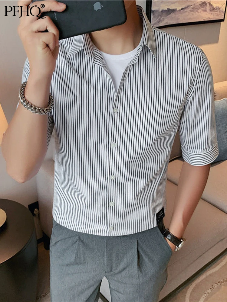

PFHQ 2022 Trend Shirts Men's Summer Stripe Five Sleeve Korean Clothes Slim Fitting Luxury Elegant Social Short Blouses 21Q1102