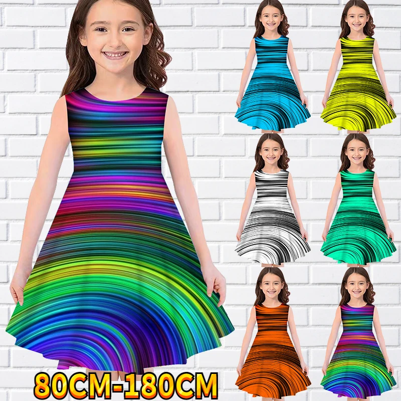 

Kids Little Girls Sleeveless Dress Stripes Children 3D Print Daily Casual Cute Sweet Over Knee Sleeveless Dress 80-180CM