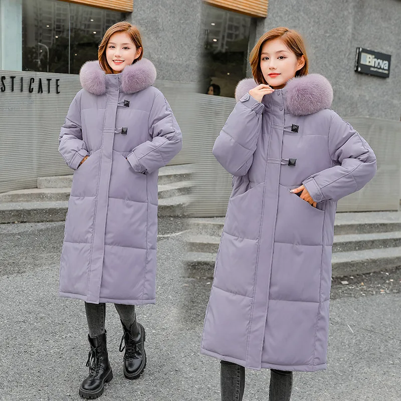 

Winter New Women Cotton Coat Long Padded Clothes Fashion Korean Loose Parkas Thicker Warm Solid Hooded with Fur Collar Outerwear