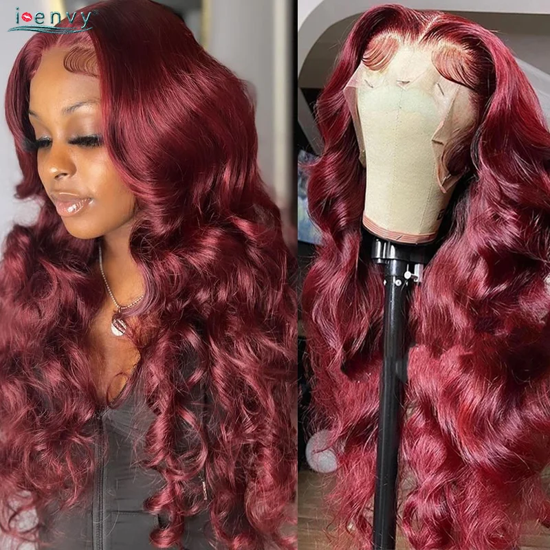 

13x4 Colored Human Hair Wigs 99J Burgundy Body Wave Lace Front Wig Hd Transparent Lace Frontal Wig Red Curly Wigs PrePluck Remy