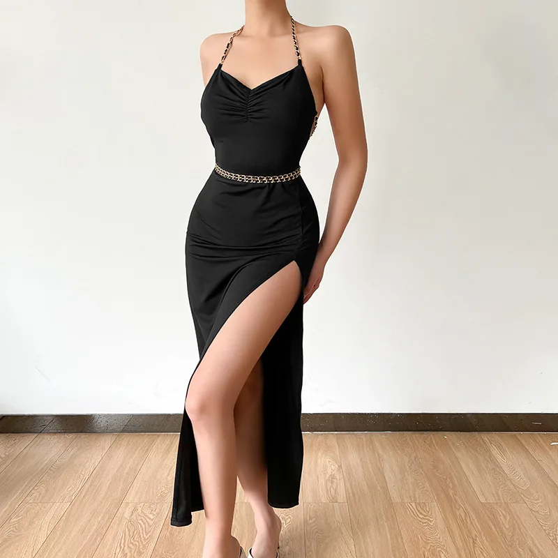 

Women Black Long Dress Sexy Halter Metal Chain Lace up Backless Sleeveless Split Vintage Party Dress Ankle Length women dress