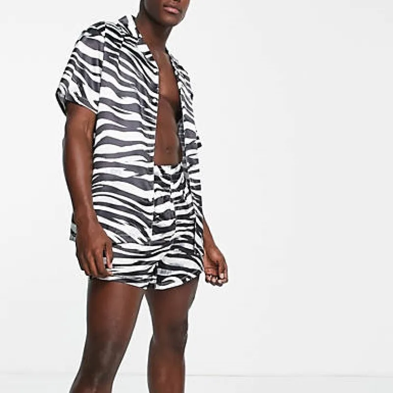 

Men Set 2022 Summer Leisure Solid Color Striped Print Lapel Single-breasted Shirt and Shorts Suit Men Two Piece Sets Ropa Hombre