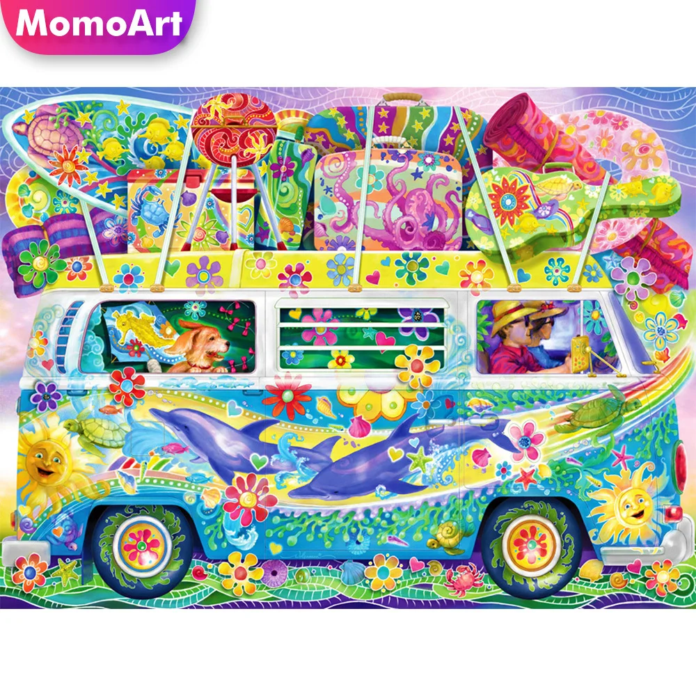 

MomoArt New Arrival Diamond Embroidery Bus Colorful Picture Rhinestones Landscape Painting Dolphin Mosaic Flower Handmade Gift