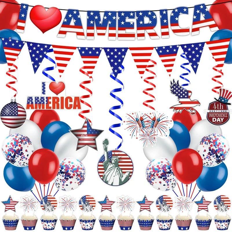 4th of July Patriotic Decorations Set Red White Blue USA Flag Pennant Hanging Swirls Cake Topper Independence Day Party Supplies