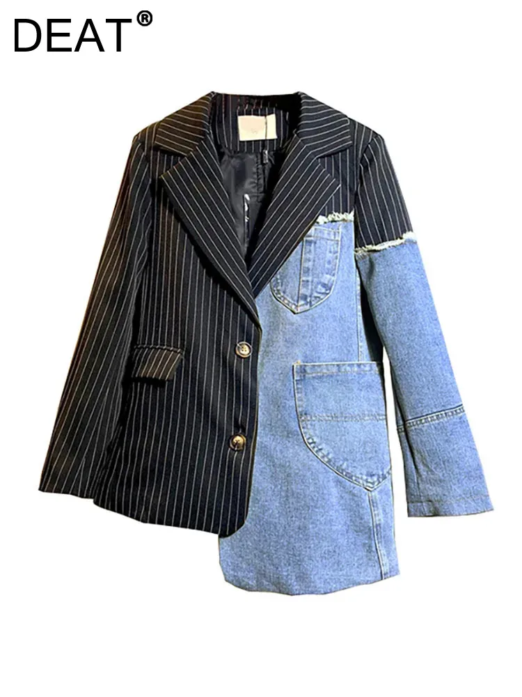 

Женский Джинсовый блейзер DEAT, асимметричный пиджак в полоску с отложным воротником и длинным рукавом, 29L3691, осень 2023