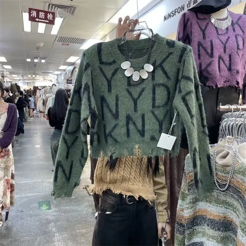 Корейский свитер с круглым вырезом и буквами осенние модные свободные пуловеры
