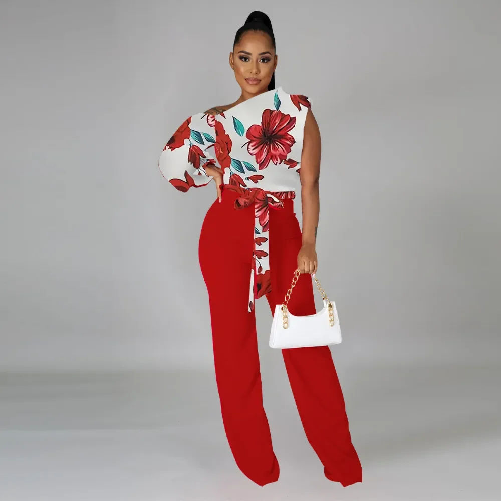 

Autumn One Piece Suit Romper Overalls Playsuits for Women Floral Printed Patchwork with Sashes One Long Sleeve Wide Leg Jumpsuit