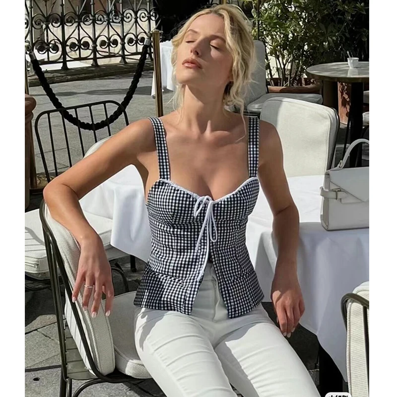 Топ женский летний в клетку элегантный клетчатый Молодежный топ-труба модный