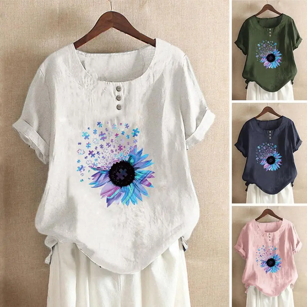 

Cartoon Summer Top Short Sleeve Women blouse O Neck Loose Breathable Cotton Linen Machine Washable Floral Pattern Women Top