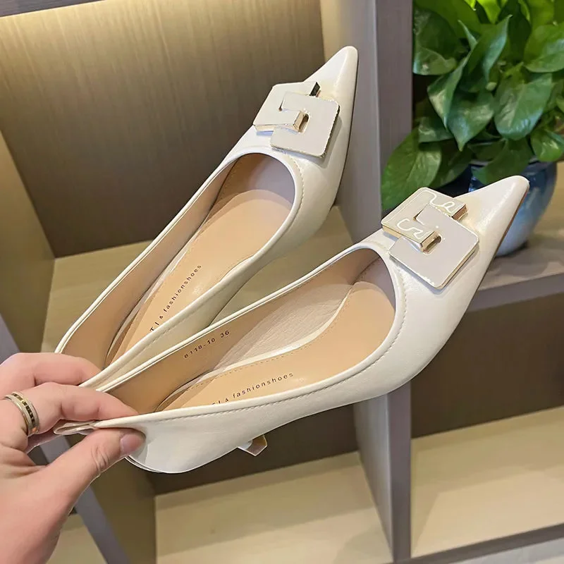 

Женские повседневные туфли на шпильке, черные туфли из искусственной кожи, без застежки, на весну, H300