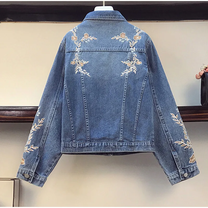 Spring Floral Embroidery Cropped Denim Jacket Designer Flower Jean Coat with Cotton Collar Women Korean Chi Basic Jeans Outwear - купить по