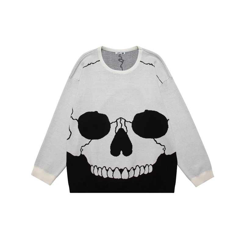 

High Street Skull Print Patchwork Retro Pullover Sweaters Men and Women Crew Neck Loose Oversized Knitted Winter Clothes
