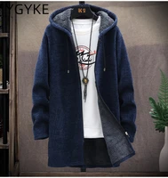 autumn and winter mens velvet thick coat sweater hooded cardigan loose knitted sweater korean version medium and long coat men
