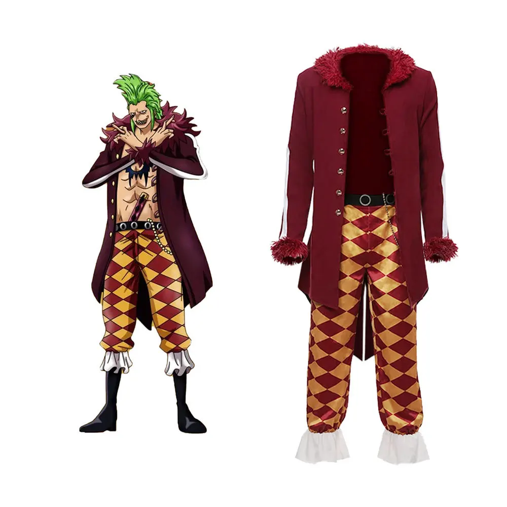 

Anime Bartolomeo Cosplay Costume Halloween Party Red Men's Uniform Plush Long Trench Coat Pants Suit