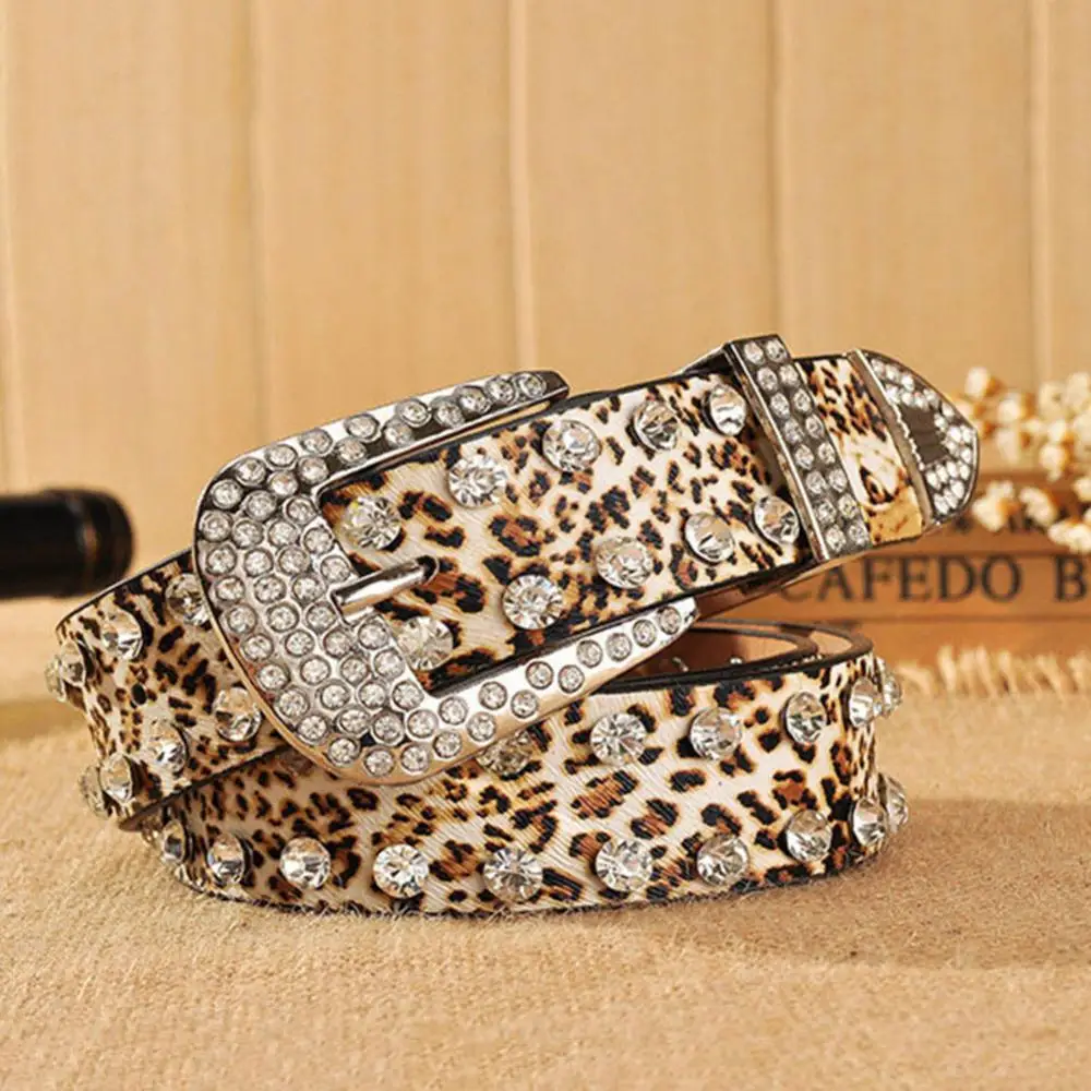 

Women Faux Leather Soft Fashion Waistband Belt Leopard Rhinestone Inlaid Buckle Waistband