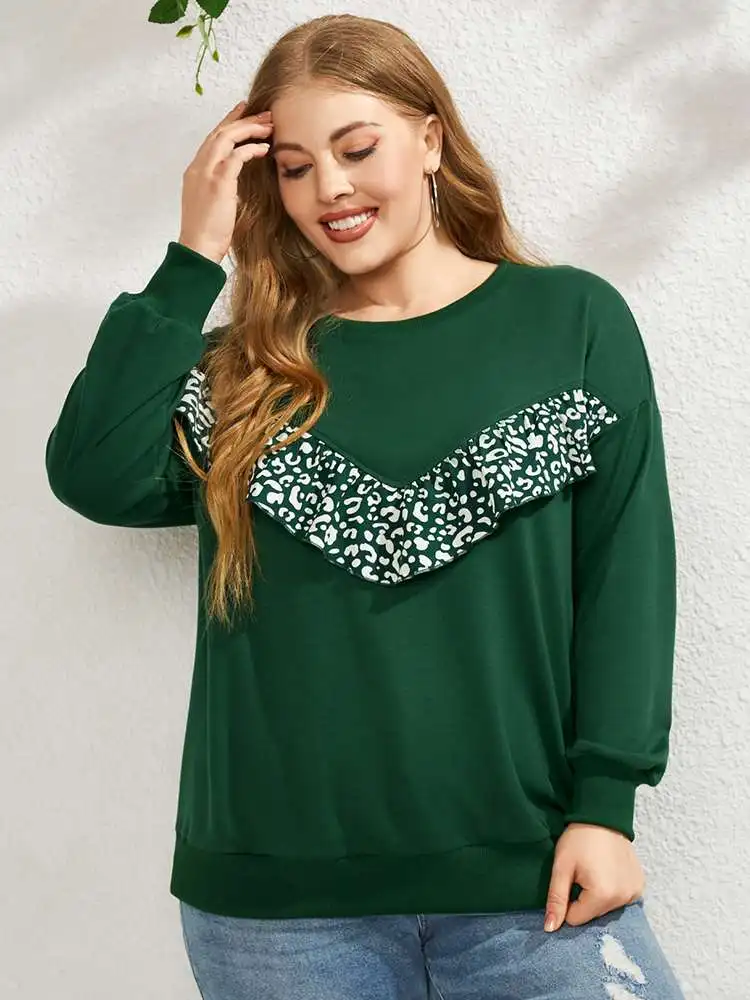 YOINS 2023 Autumn Women Sweatshirts Fashion Patchwork Hoodies Leopard Print Long Sleeve Plus Size Outwear Green Tops Blusas 4XL