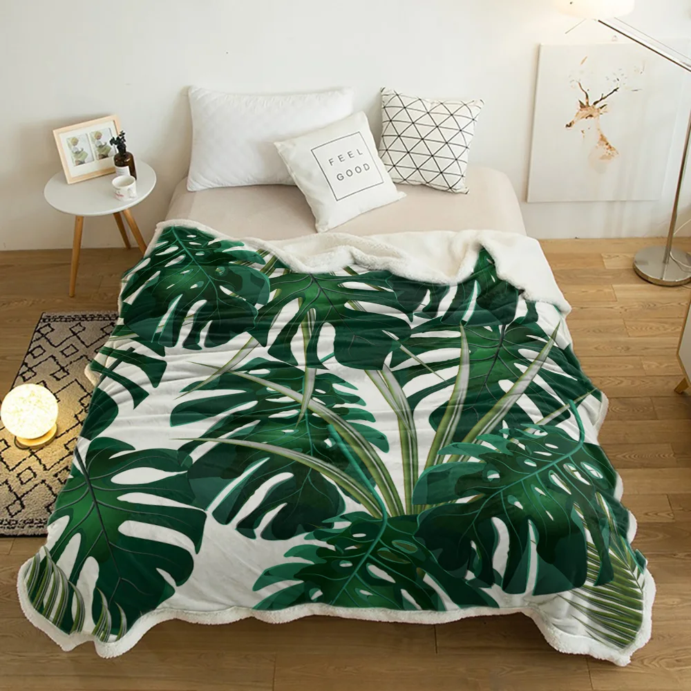 

Tropical Plant Jungle Leaves Monstera Green Cashmere Blanket Thick Winter Bed Lamb Blankets Office Nap Shawl Sofa Bed Bedspread