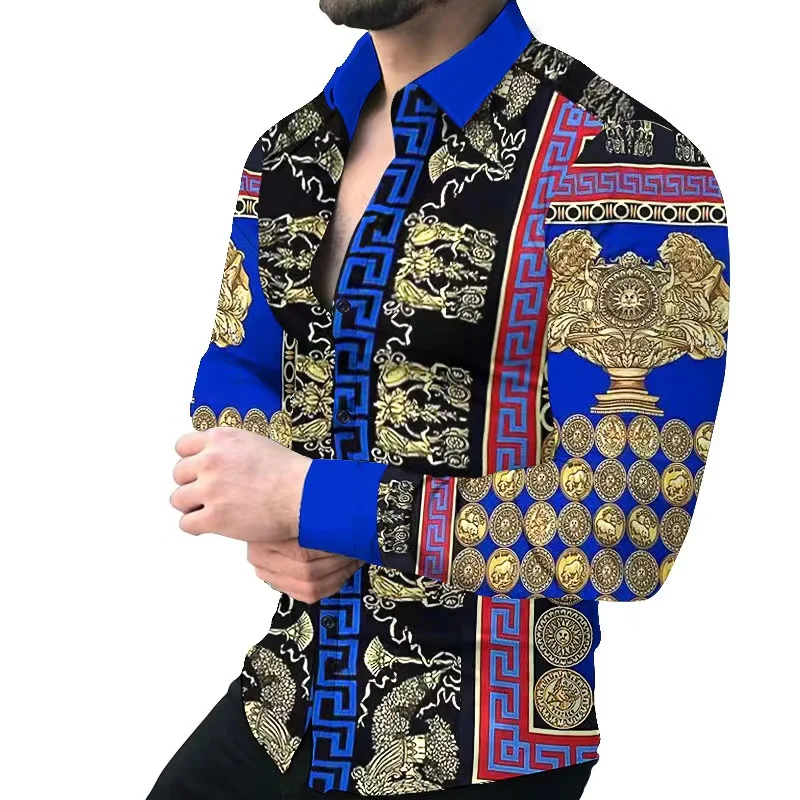 

Spring New Brand Print Shirt Men Fashion Trend Personality Casual Slim Long Sleeve Dress Shirt Men M-3XL