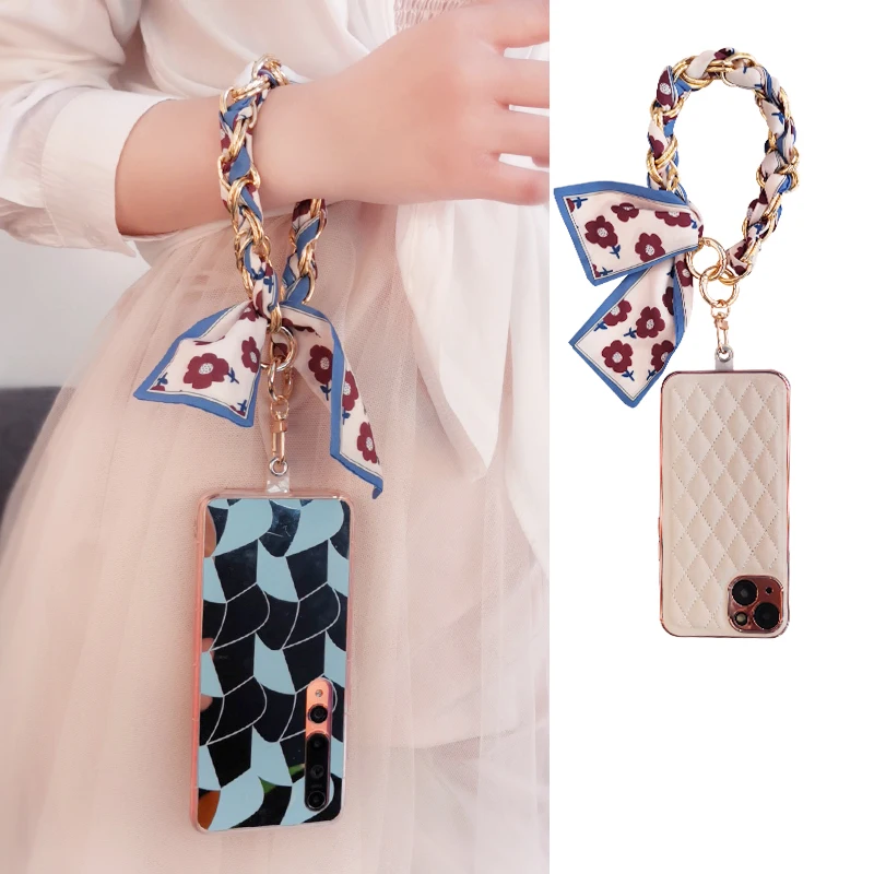 Silk Scarf Pendant Wrist Chain Strong and Durable Hand-woven Anti-lost Rope Mobile Phone Lanyard Short Hand-held Chain Fashion