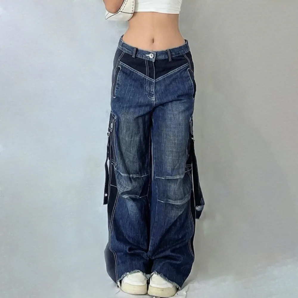 

Side Stripe Washed Jeans For Women Niche Design Low Waist Casual Trousers Female Harujuku Fashion Paockets Cargo Denim Pants
