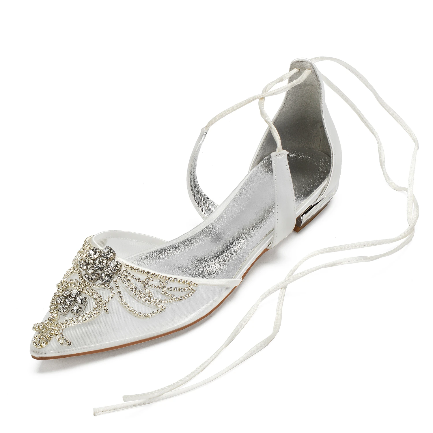 

Comfortable Wedding Low Heel Rhinestones Pointed Toe Air Mesh Bridal Dress Flats Lace Up Formal Party Shoes Summer/Autumn