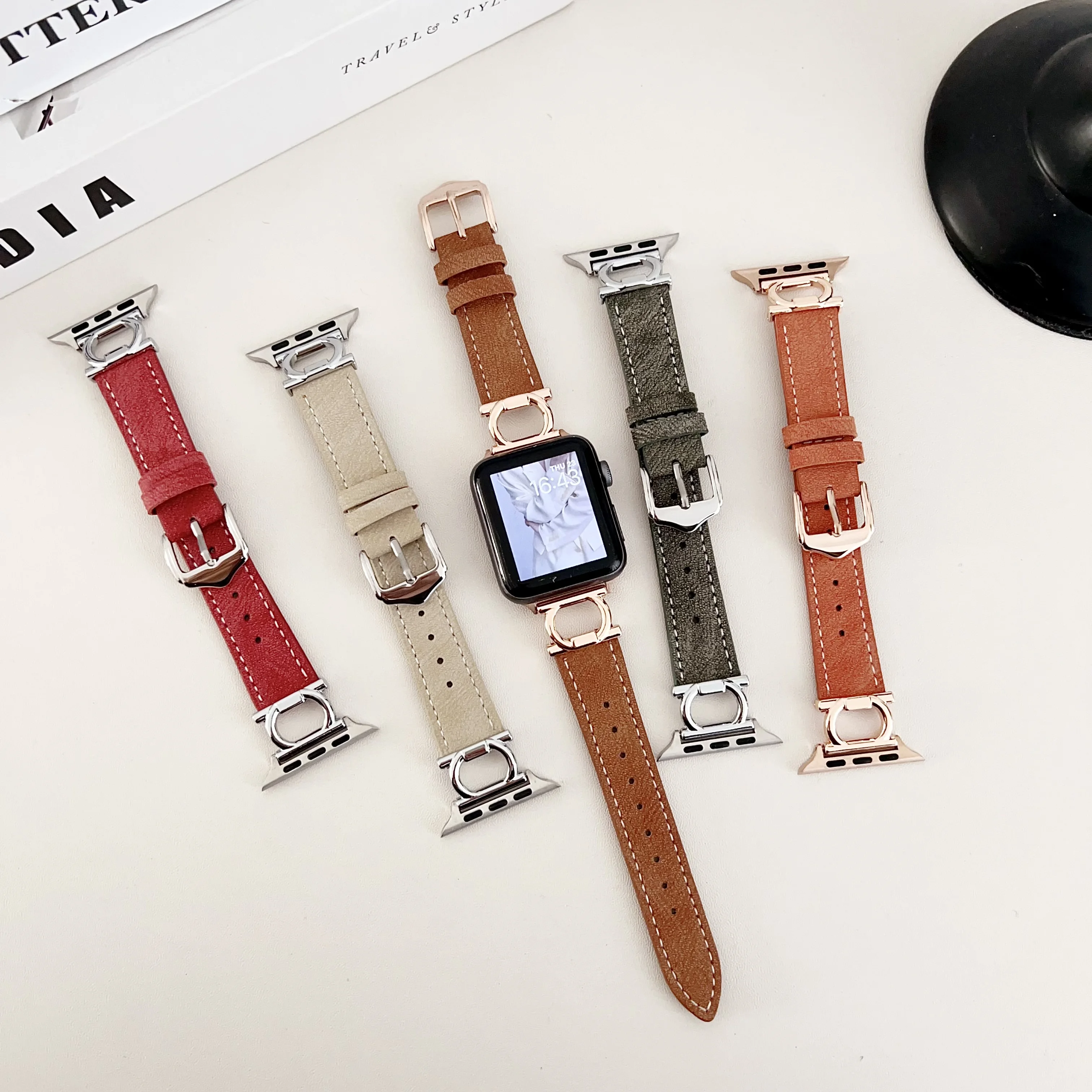 Подходит для Apple Watch S9/S8 и iWatch 7/6/5/se/4/3/2/1 металлический кожаный ремешок