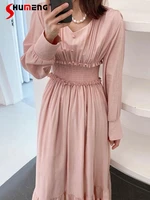 french style pink long sleeve dress woman 2022 fall new womens autumn v neck ruffle stitching ruffles waist slimming dresses