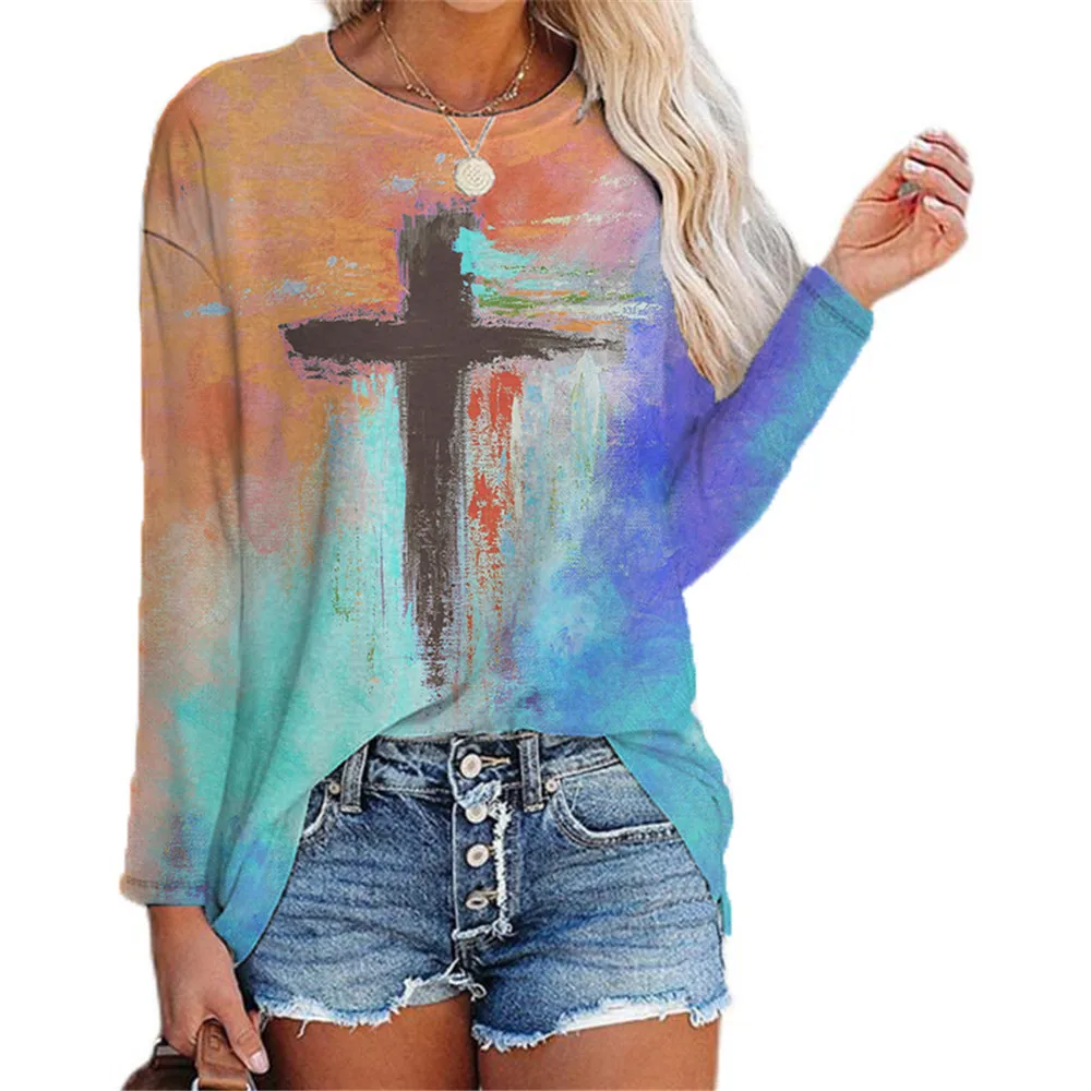 Forest Christian Cross 3D Print Tshirt Long Sleeve Women Tops Casual T-shirts 2022 Summer New Round Beck Loose Shirts Femme