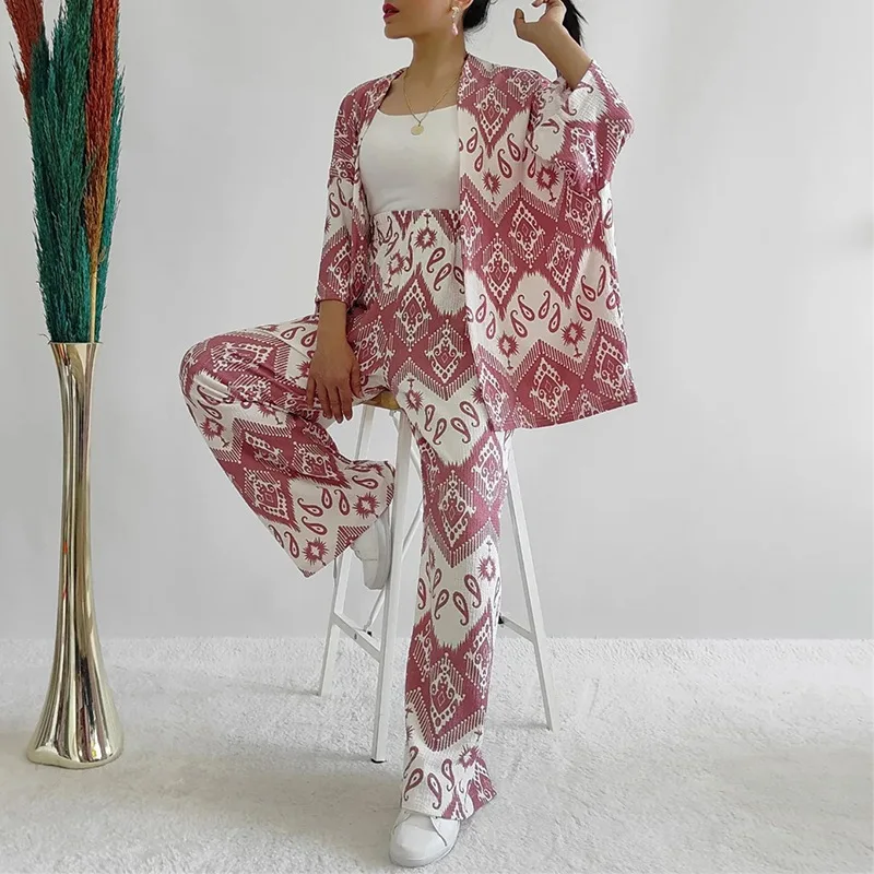 Женский брючный костюм с принтом элегантный кардиган длинным рукавом и