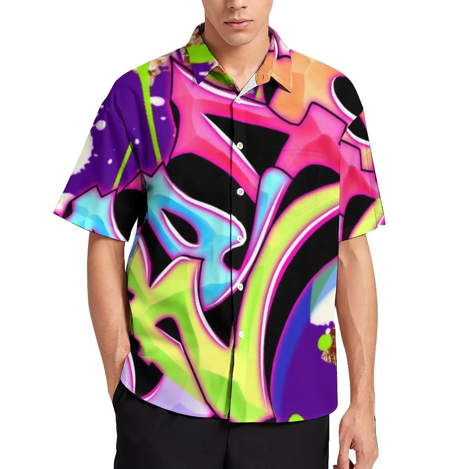 

Word Graffiti Art Loose Shirt Men Vacation Dream Team Print Casual Shirts Hawaiian Graphic Short Sleeve Y2K Oversized Blouses