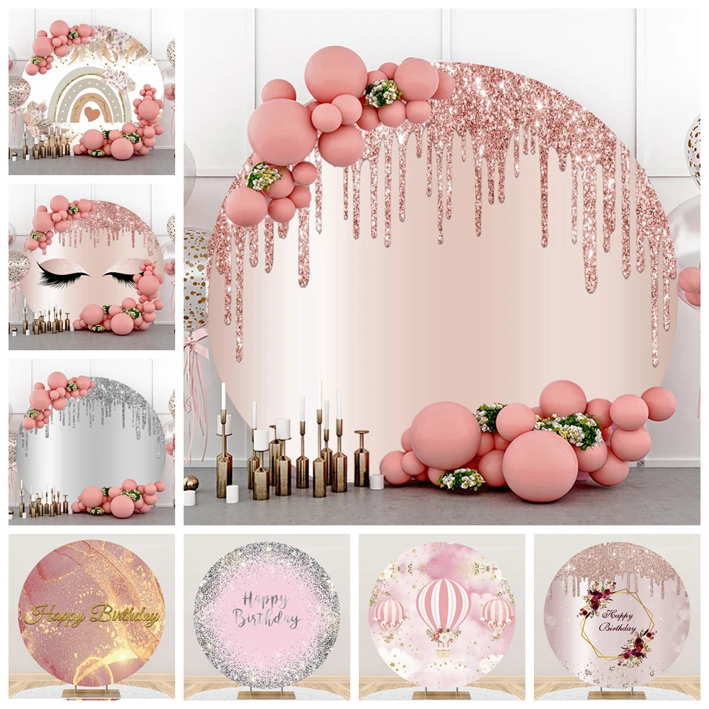 

Pink Glitter Golden Wall Photography Round Background Newborn Baby Shower Birthday Party Rainbow Circle Backdrop Photo Studio