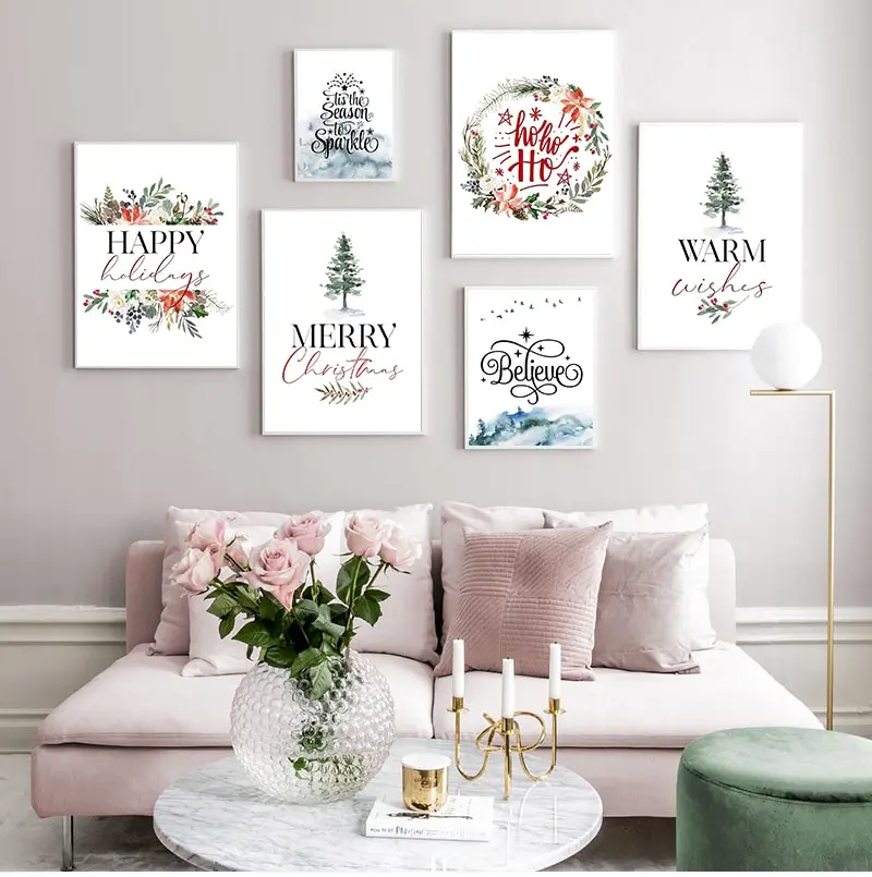 

Merry Christmas Party Decoration Holiday Happy Quotations Canvas Poster Printmaking Nordic RoomDecoration Watercolor Art Picture