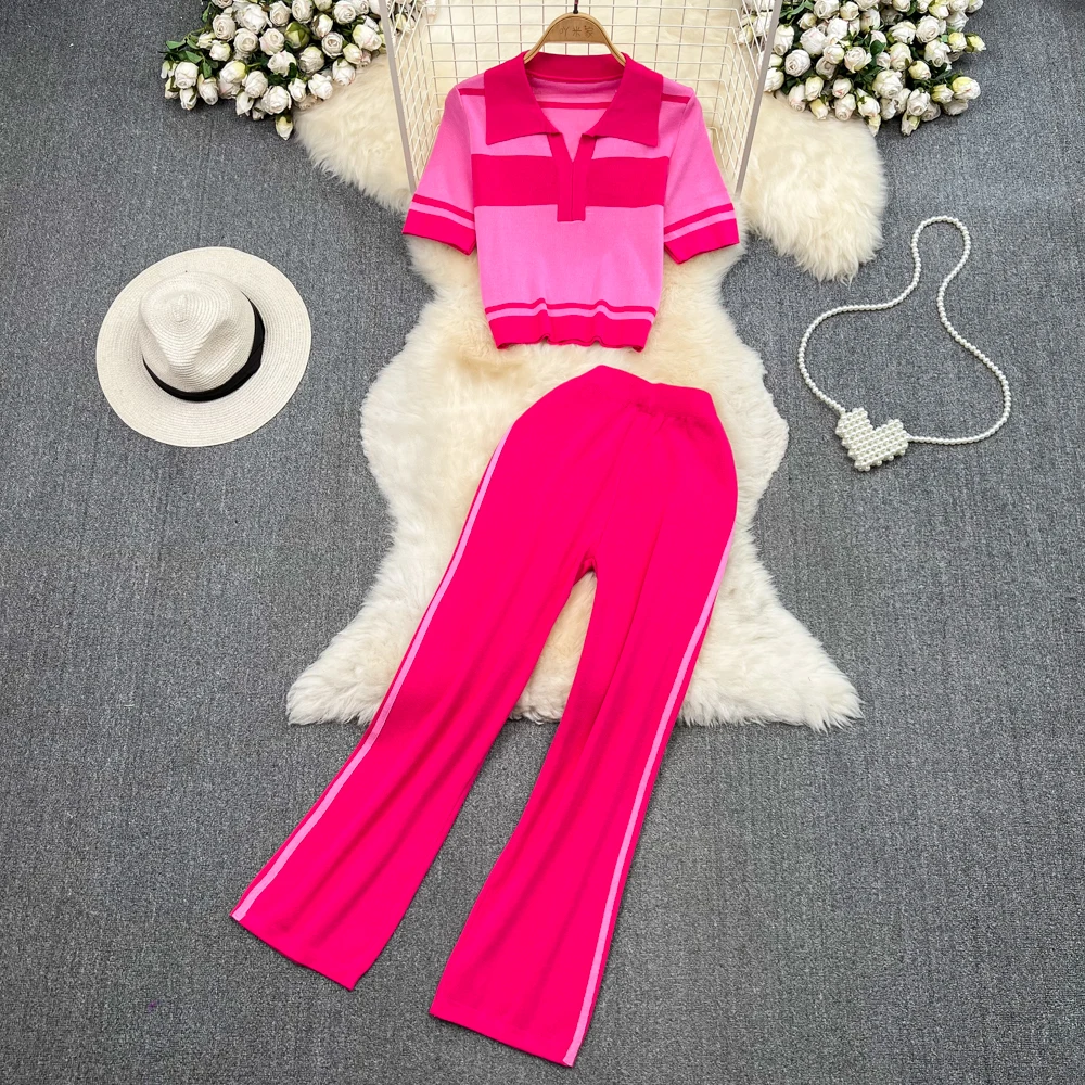 

Модный комплект из 2 предметов, женская одежда, корейский контрастный Топ, повседневные Прямые брюки с высокой талией и широкими штанинами для женщин