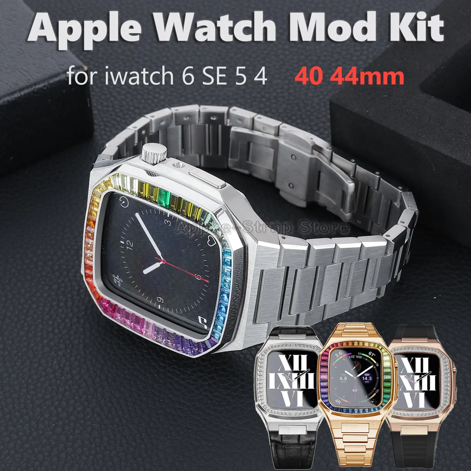 

40mm 44mm Luxury Meatl Case for Apple Watch 6 SE 5 4 Mod Kit Steel Diamond Cover Rubber Strap for iWatch Series Leather Bracelet