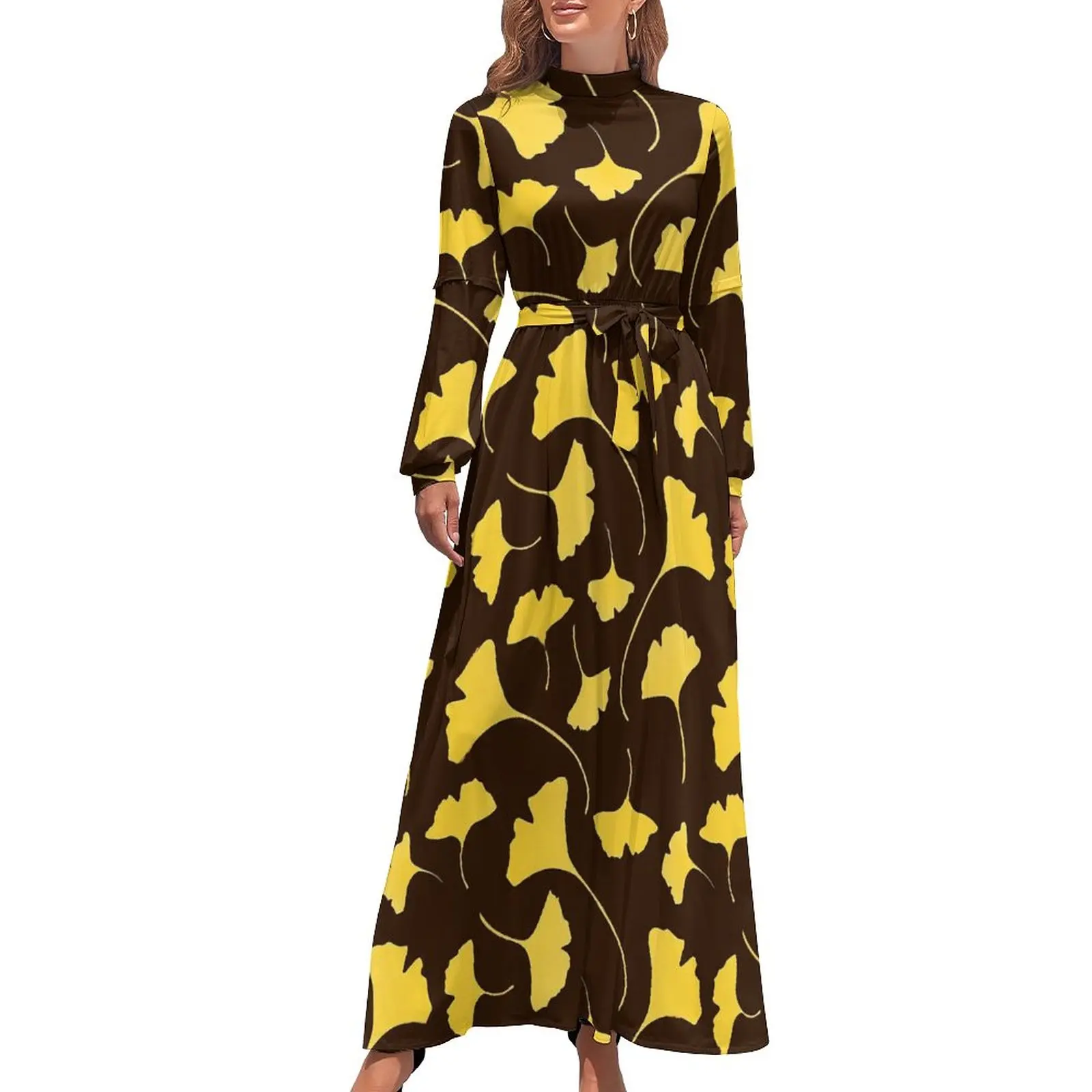 

Yellow Ginkgo Biloba Dress Leaves Print Elegant Custom Maxi Dress High Waist Long Sleeve Casual Bohemia Long Dresses