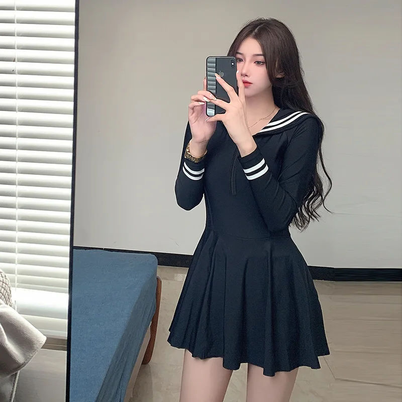 

One Piece Ladies Bathing Suit 2022 Women Swimsuit Swim Wear New Institute Ins Web Sexy Long Sleeve Skirt Stripe Polyester Bikini
