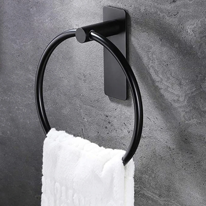 

Nail Free Black Towel Holder Ring Round Wall Mounted White Paper Rack High Quality Stainless Steel Shelf Bathroom Accessories