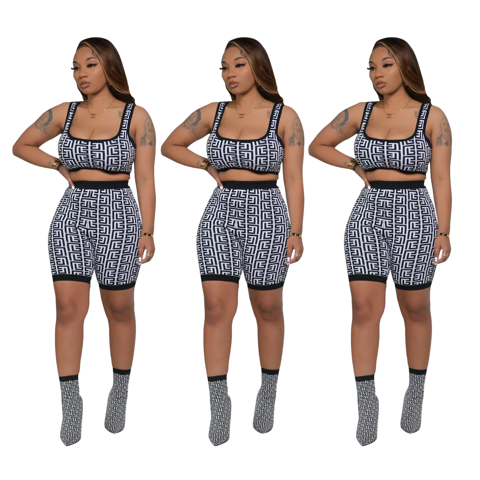 

Sporty Women's Tracksuit Casuals Print Crop top Bandeau Vest Two Piece Set Outfits Summer Female Yoga Fitness Skinny Short Sets