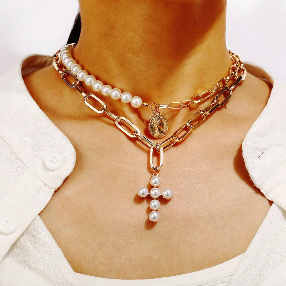 Trendy Multilayer Link Chain with Pearl Necklace Women Vintage Asymmetric Jesus Cross For Jewelry YB-11