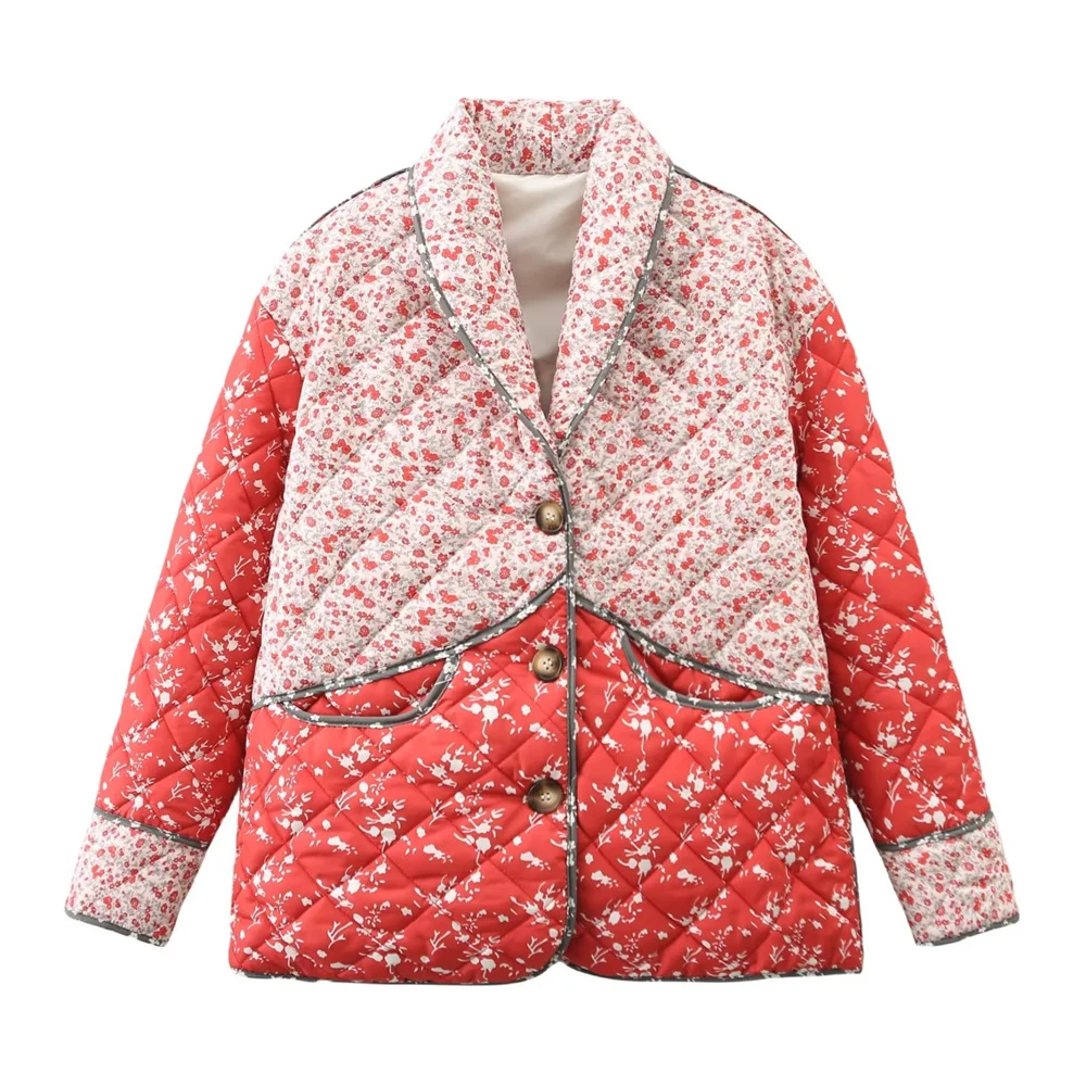 

PB&ZA 2023 Autumn New Women's Wear European and American Style Quilted Cotton Jacket Red Flower Flap Collar Loose Jacket Coat