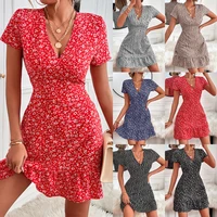 summer new v neck geometric dotted floral women dress ruffle decoration x type sexy country casual style