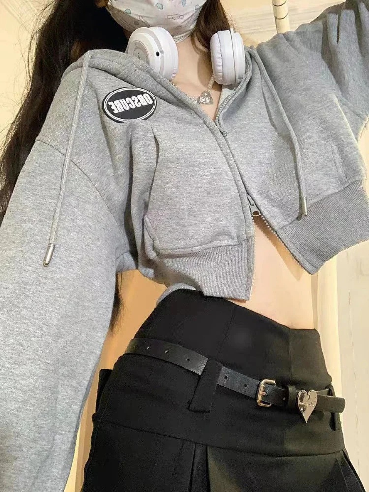 

Deeptown Korean Streetwear Letter Printed Cropped Hoodies Women Harajuku Short Hooded Sweatshirts Long Sleeve Crop Tops Female