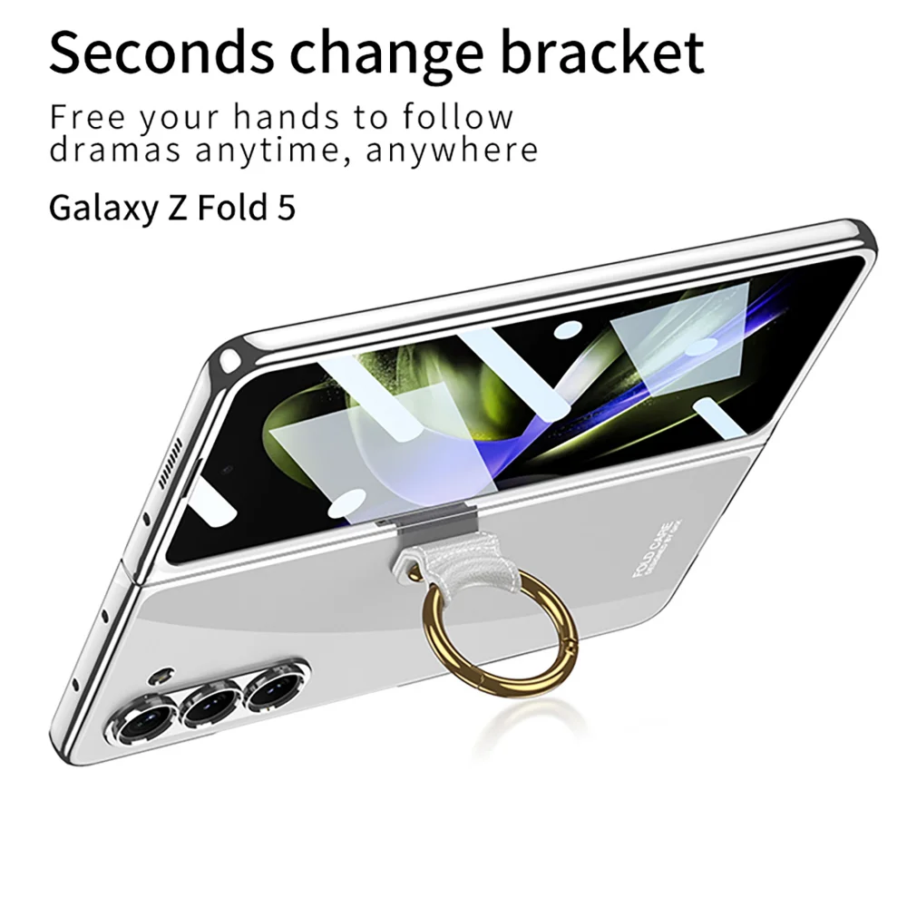 Luxury Plating Transparent Case for Samsung Galaxy Z Fold5 Case with Ring Clear Shockproof Shell for Samsung Z Fold 5 Case