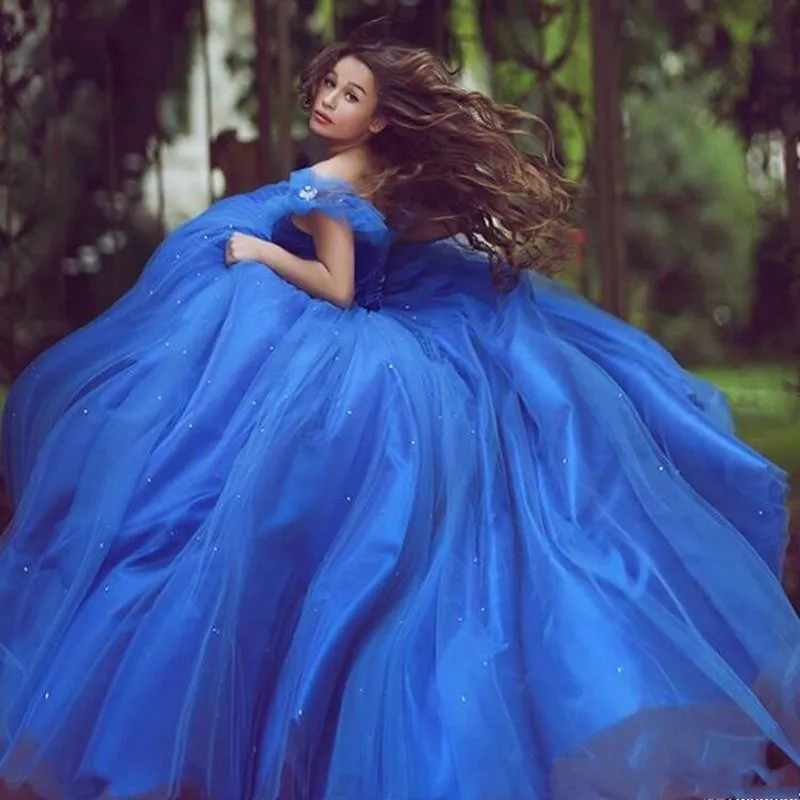 

ANGELSBRIDEP Royal Blue Quinceanera Dress Off The Shoulder Puffy Tulle Beaded Sequined Cinderella Birthday Party Debutante Gown