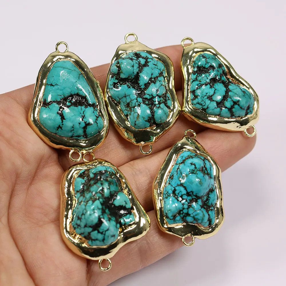 APDGG 5 Pcs Blue Turquoise Freeform Nugget Beads 14K Gold Plated Connector Real Stone For Jewelry Making DIY