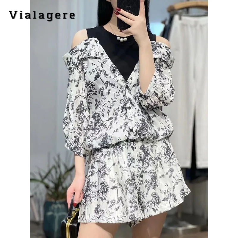 

Осень 2023, Модный повседневный офисный Женский комплект из двух предметов, Привлекательный Топ с имитацией двух предметов и свободные шорты, винтажный комплект одежды