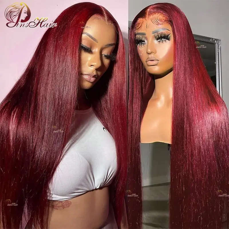 99J Colored Transparent Lace Front Human Hair Wigs Brazilian Red Burgubdy 13X4 Lace Frontal Wig For Women Remy Human Hair Wig