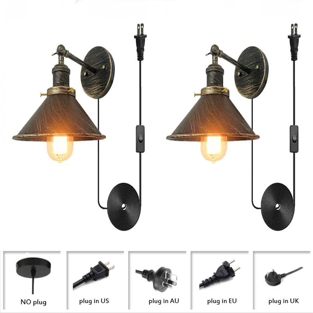 

2 Pack Antique Bronze Finish Arm Swing Wall Lamp Industrial Wall Sconces Plug In Adjustable Cord Simplicity Wall Lights