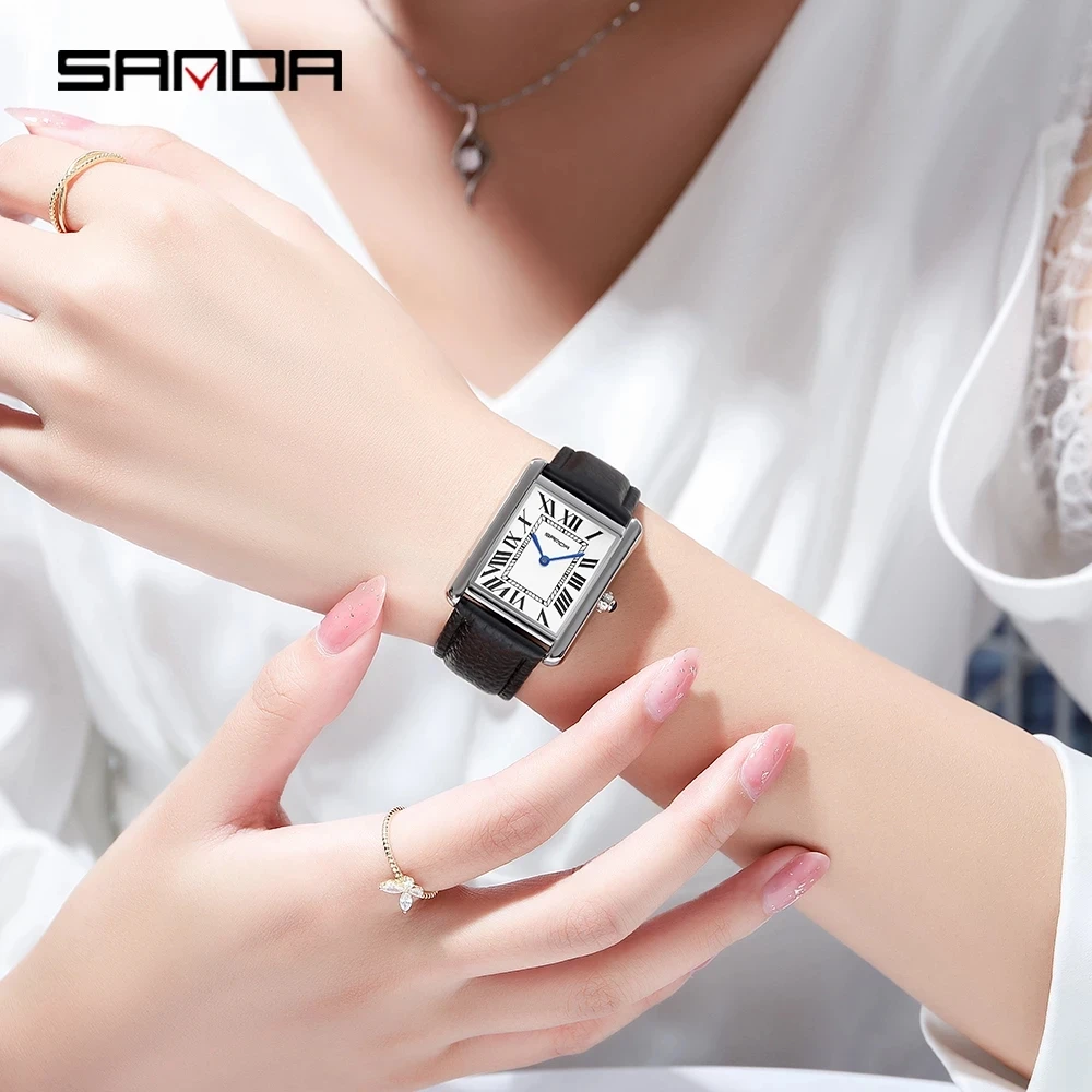 Sanda Rectangular Wrist Watches for Women Silver Case Ladies Watches Luxury Brand Leather Band Quartz Clock zegarek damski 1108 enlarge